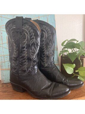 Tony Lama Black Tegu Lizard Leather Cowboy Boots Size 9 EE Extra Wide Y2081